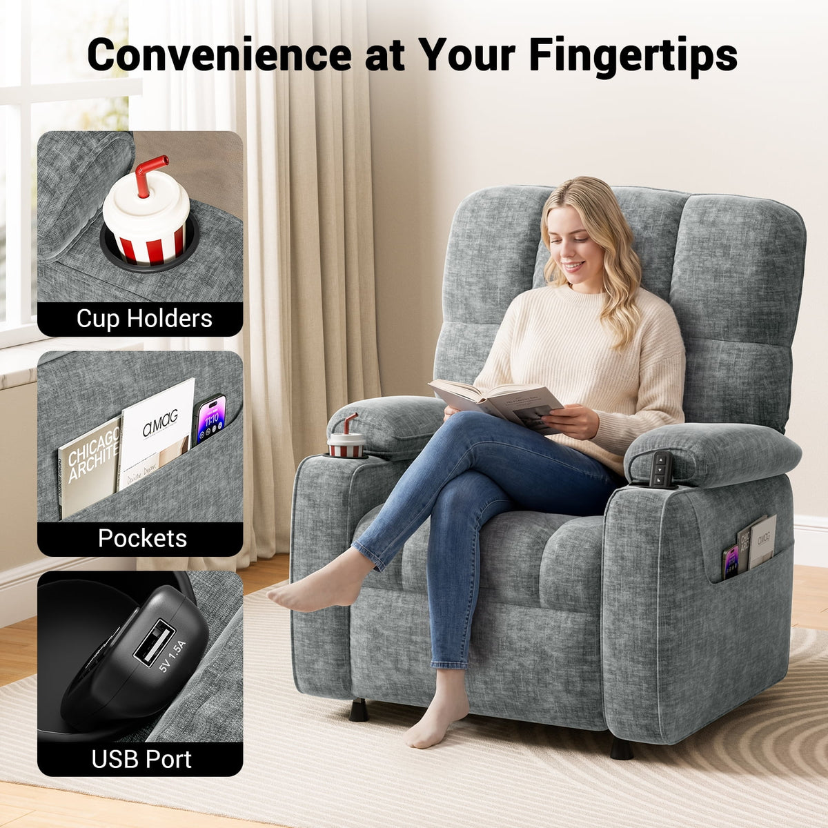 CHITOOMA Power Recliner Chair for Adults, Zero Gravity Electric Reclining Sofa with USB Port, Cup Holder & Side Pockets, Chenille Fabric, Light Gray