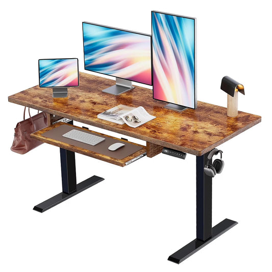 CHITOOMA Electric Standing Desk with Keyboard Tray, 48" x 24" Adjustable Height Sit Stand Up Desk, Home Office Gaming Desk Computer Workstation, Vintage Brown
