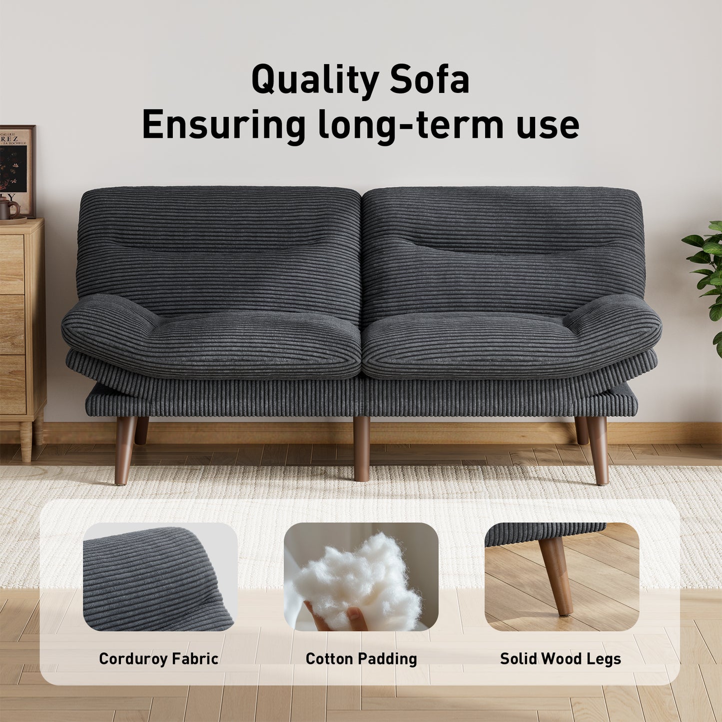 CHITOOMA 75" W Corduroy Futon Sofa Bed with Adjustable Backrest & Armrests, Comfy Convertible Futon Couch, Sleeper Sofa for Living Rooms Apartment Office, Gray