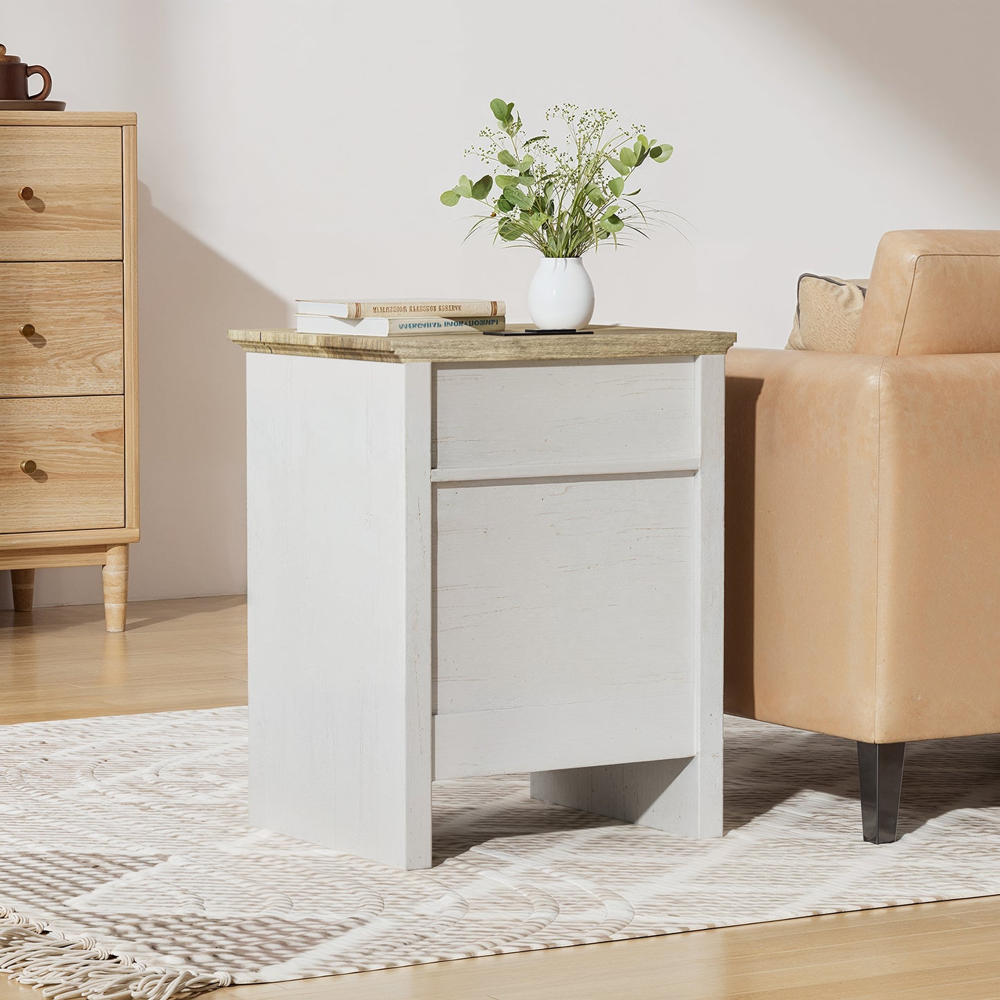 CHITOOMA 2-Drawer Nightstand with Charging Station, Wood Bedside Table with Open Shelf, Small End Table for Bedroom Living Room, White & Brown