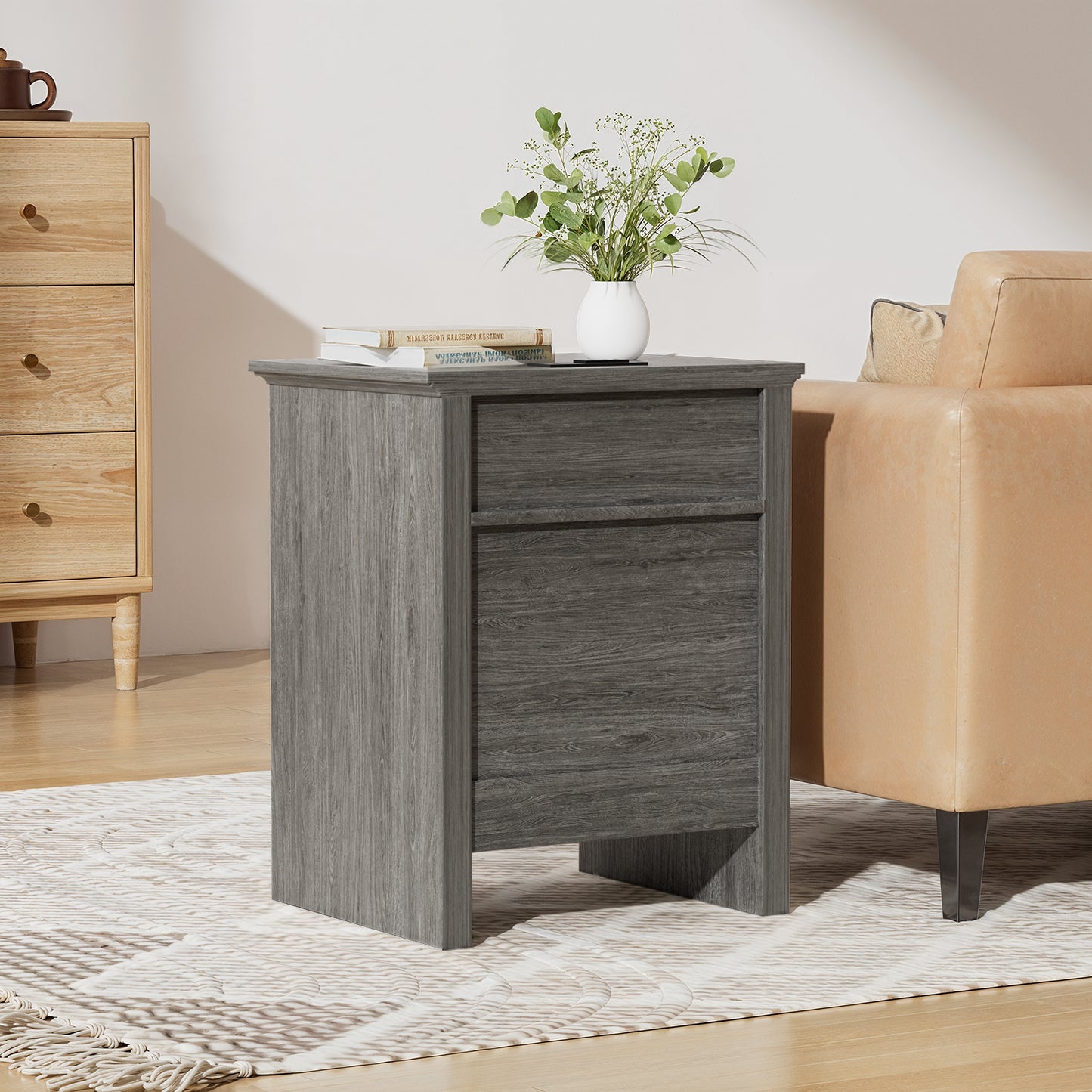 CHITOOMA 2-Drawer Nightstand with Charging Station, Wood Bedside Table with Open Shelf, Small End Table for Bedroom Living Room, Gray