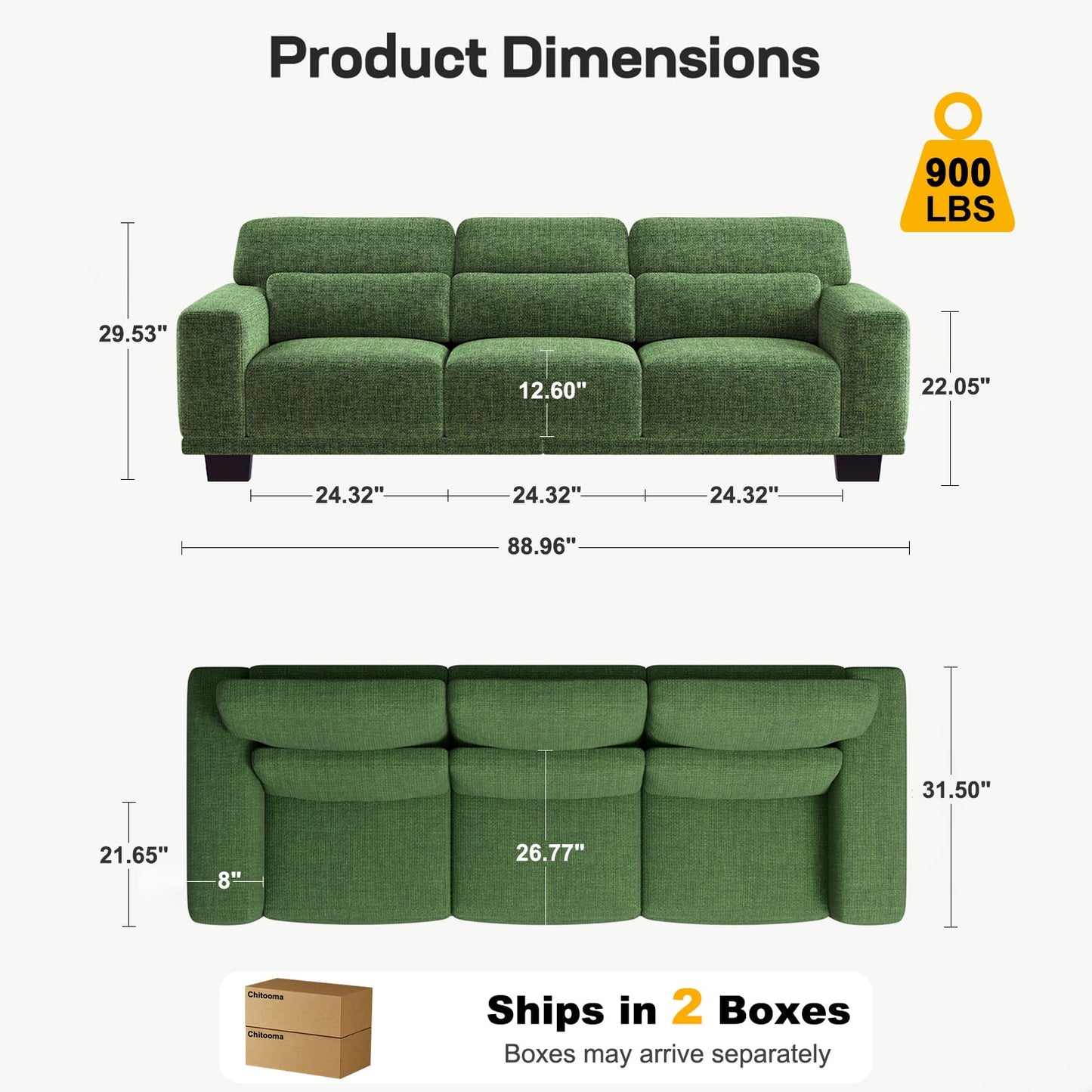CHITOOMA 89" 3-Seater Sofa for Living Room, Deep Seat Modern Couch with 3 Pillows, Linen Fabric, Removable Covers, Wide Armrests & Steel Frame, Green