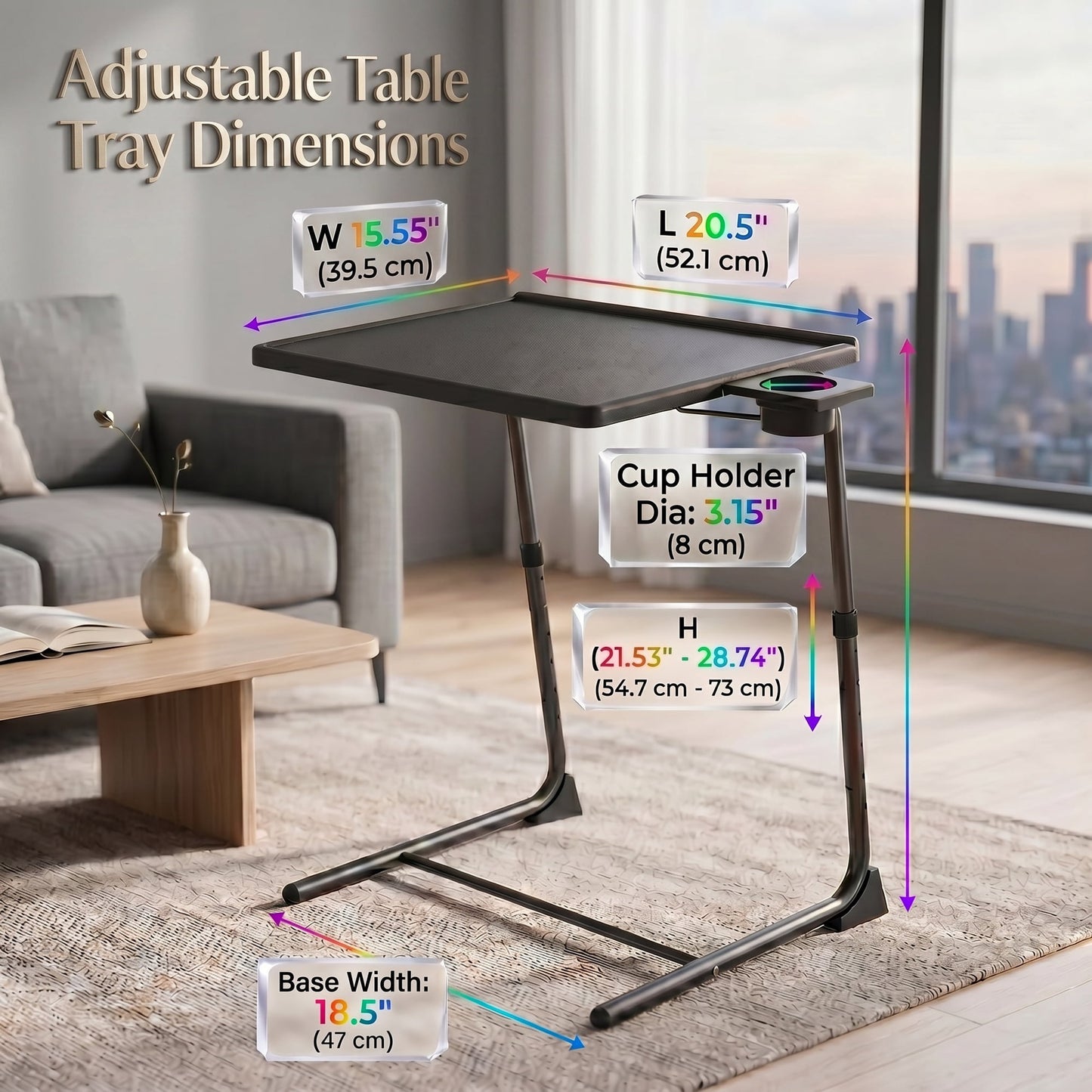 CHITOOMA TV Tray Table with 3" Cup Holder, Adjustable TV Dinner Tray for Eating, 6 Heights & 3 Tilt Angles, Up to Hold 50 lbs, Black