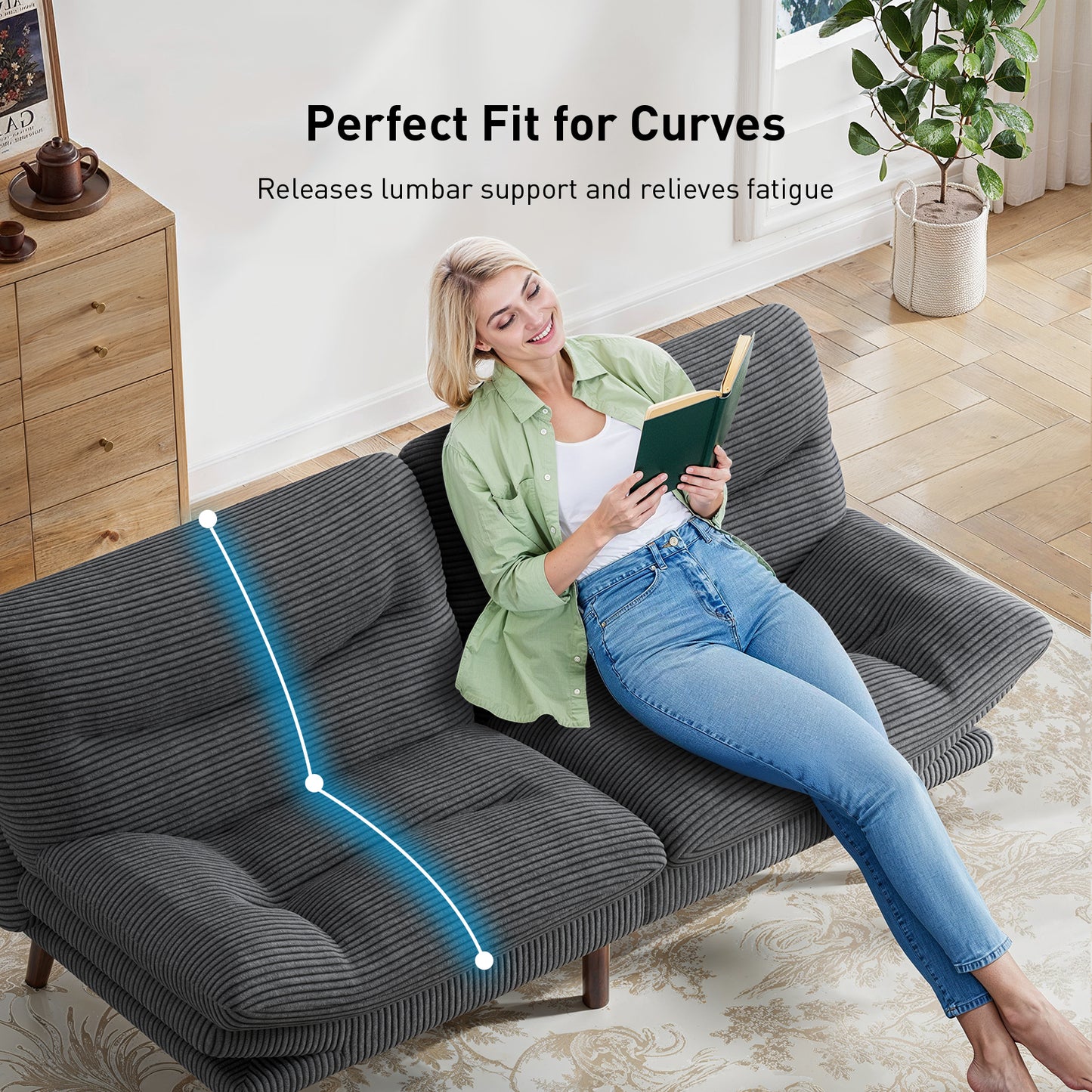 CHITOOMA 66'' Futon Sofa Bed with Adjustable Backrest & Armrests, Grey Corduroy Convertible Futon Couch, Comfy Loveseat for Small Spaces Apartment, Office