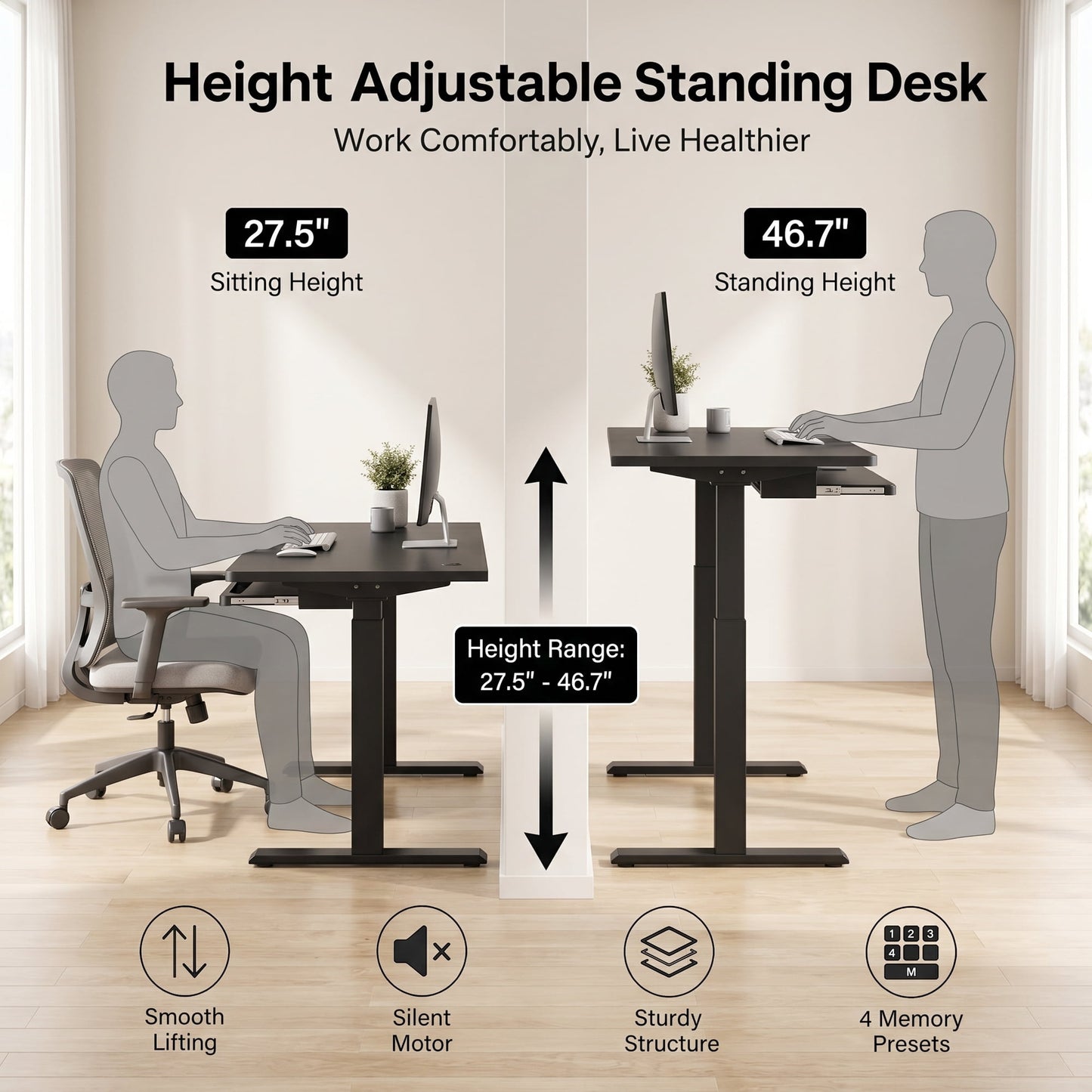 CHITOOMA Electric Standing Desk with Keyboard Tray, 48" x 24" Height Adjustable Sit Stand up Desk with Headphone Hook & 4 Height Memory Pre-Set for Home Office, Black