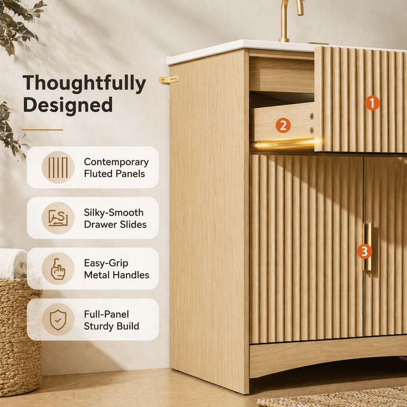 30 Inch Bathroom Vanity with Ceramic Sink, Freestanding Bathroom Sink Cabinet with Fluted Doors, 2 Doors and 1 Drawer, Adjustable Shelf, Modern Bathroom Storage Combo, Natural Oak