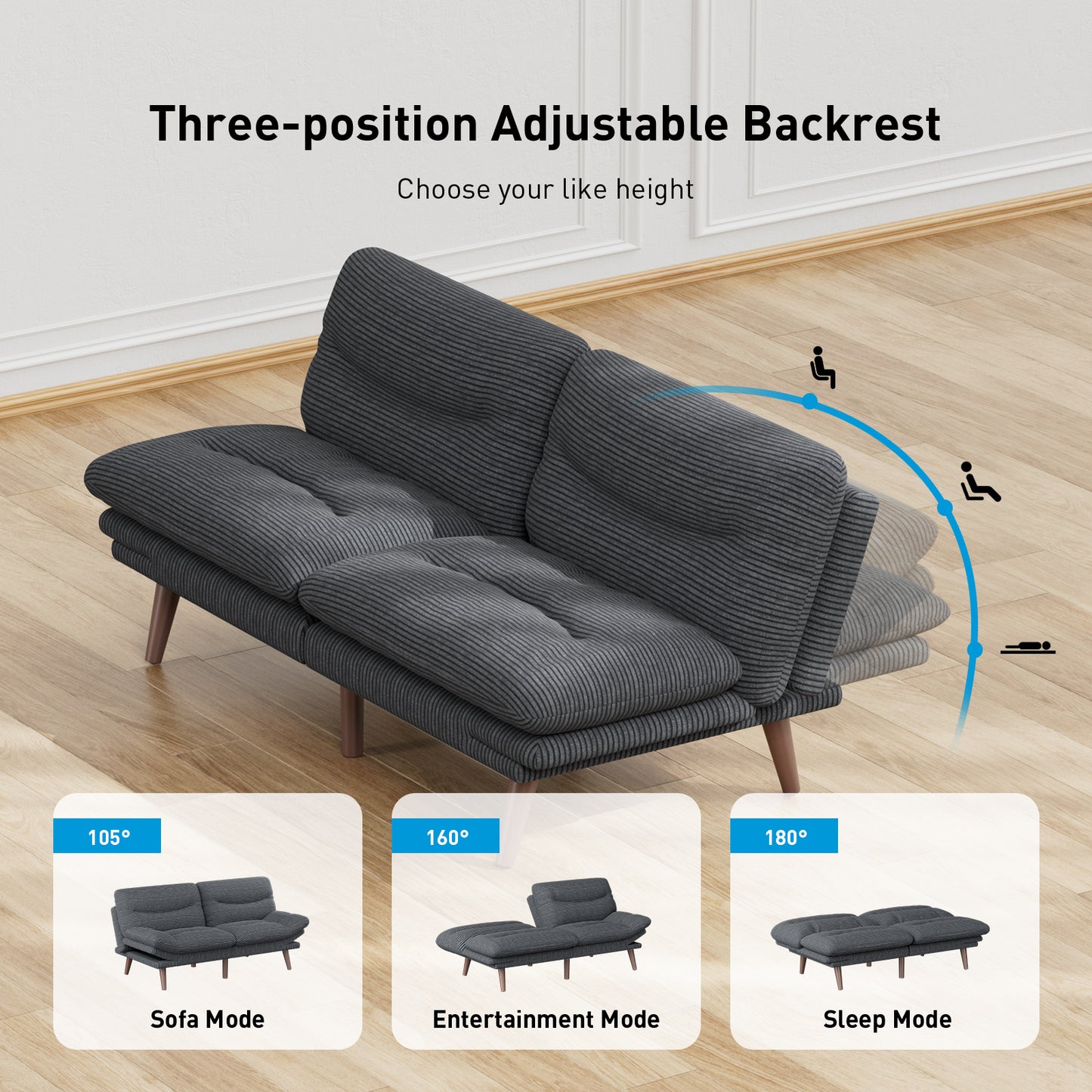 CHITOOMA 75" W Corduroy Futon Sofa Bed with Adjustable Backrest & Armrests, Comfy Convertible Futon Couch, Sleeper Sofa for Living Rooms Apartment Office, Gray