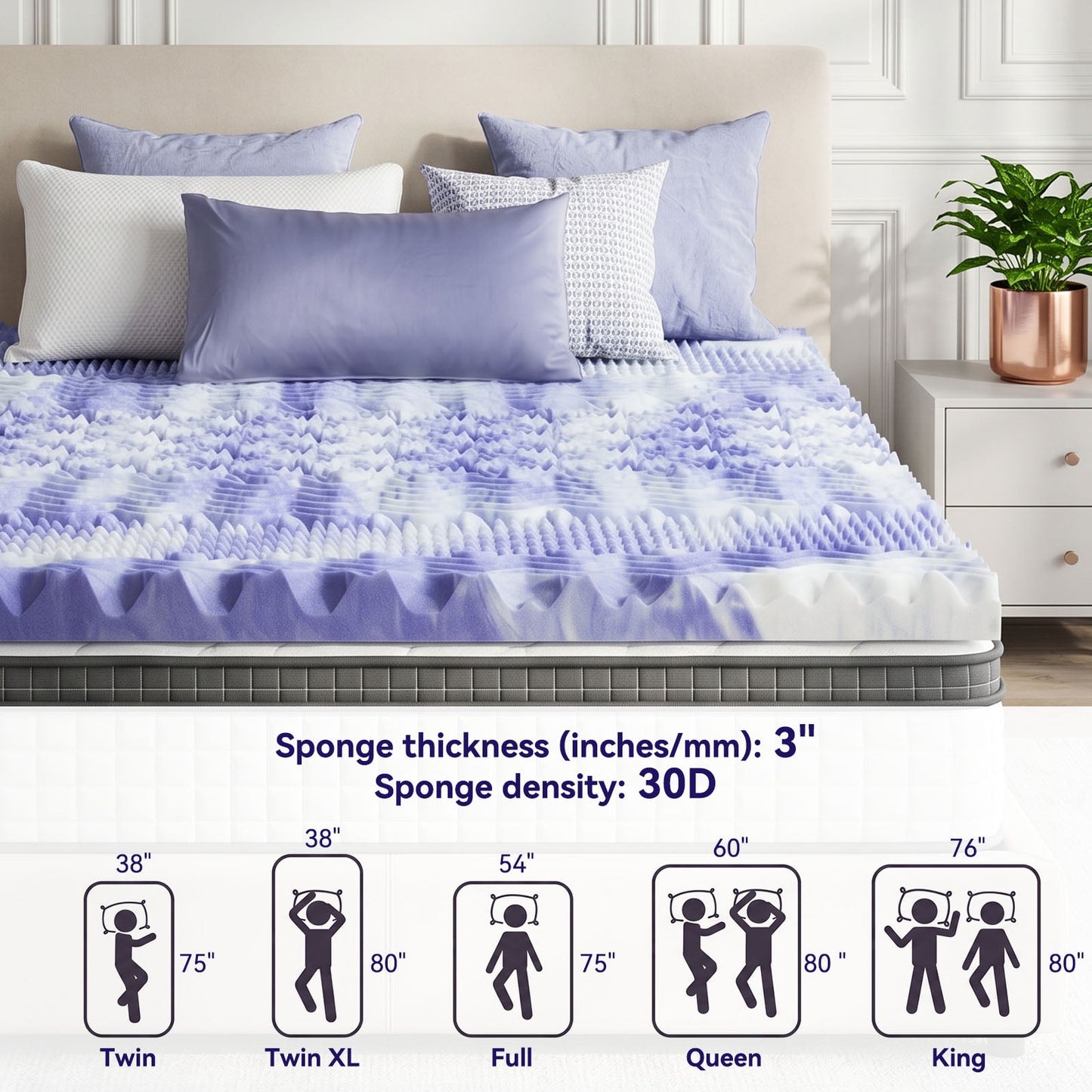 CHITOOMA 3 Inch 7-Zone Twin Memory Foam Mattress Topper, Cooling Gel Infused Foam Mattress Topper for Pressure Relief& Enhanced Sleep Comfort, CertiPUR-US and Oeko-TEX Certification
