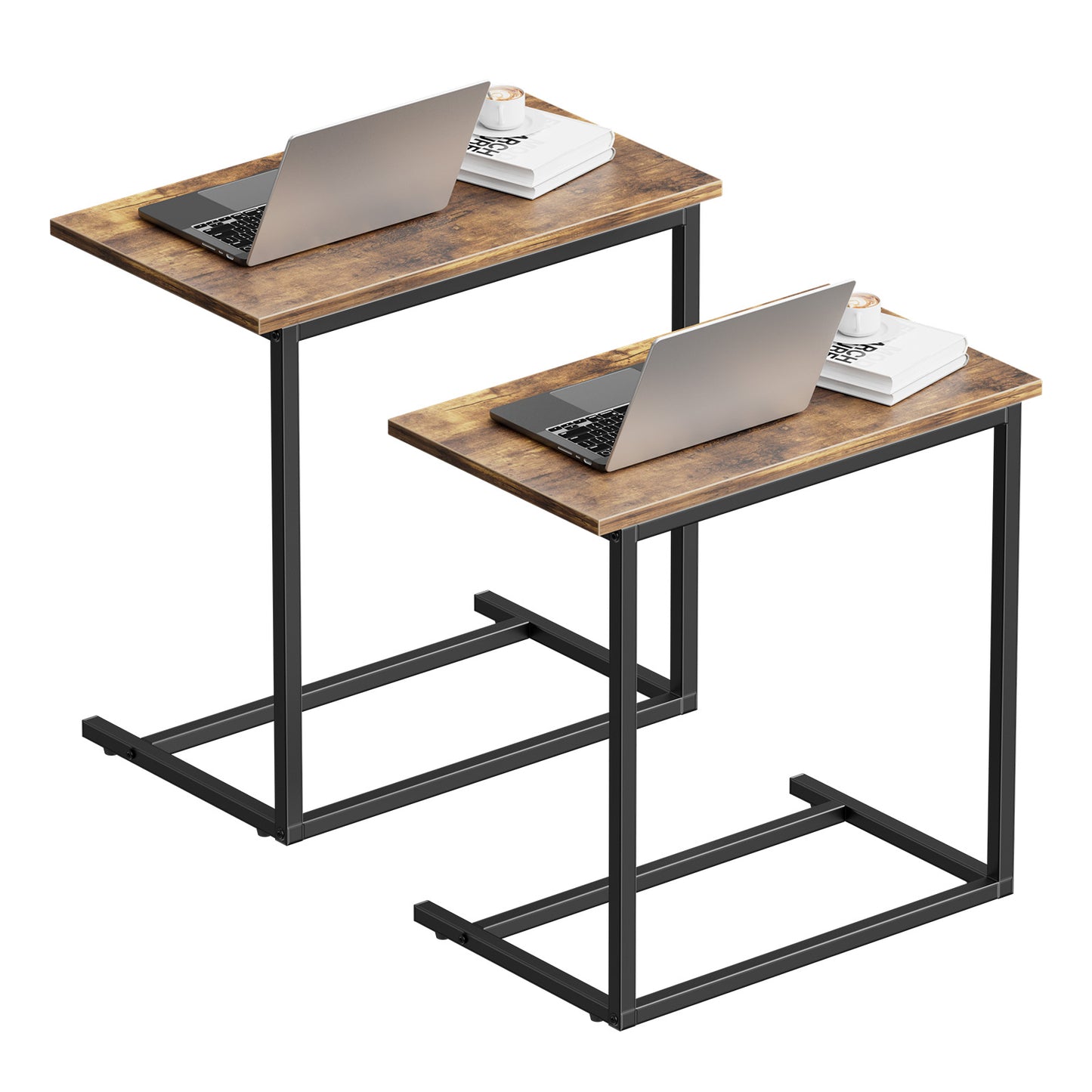 2pcs C Shaped Sofa Side End Table，Side Table TV Tray Table for Sofa,Couch Table with metal frame for livingroom,Bedroom,Rustic Brown