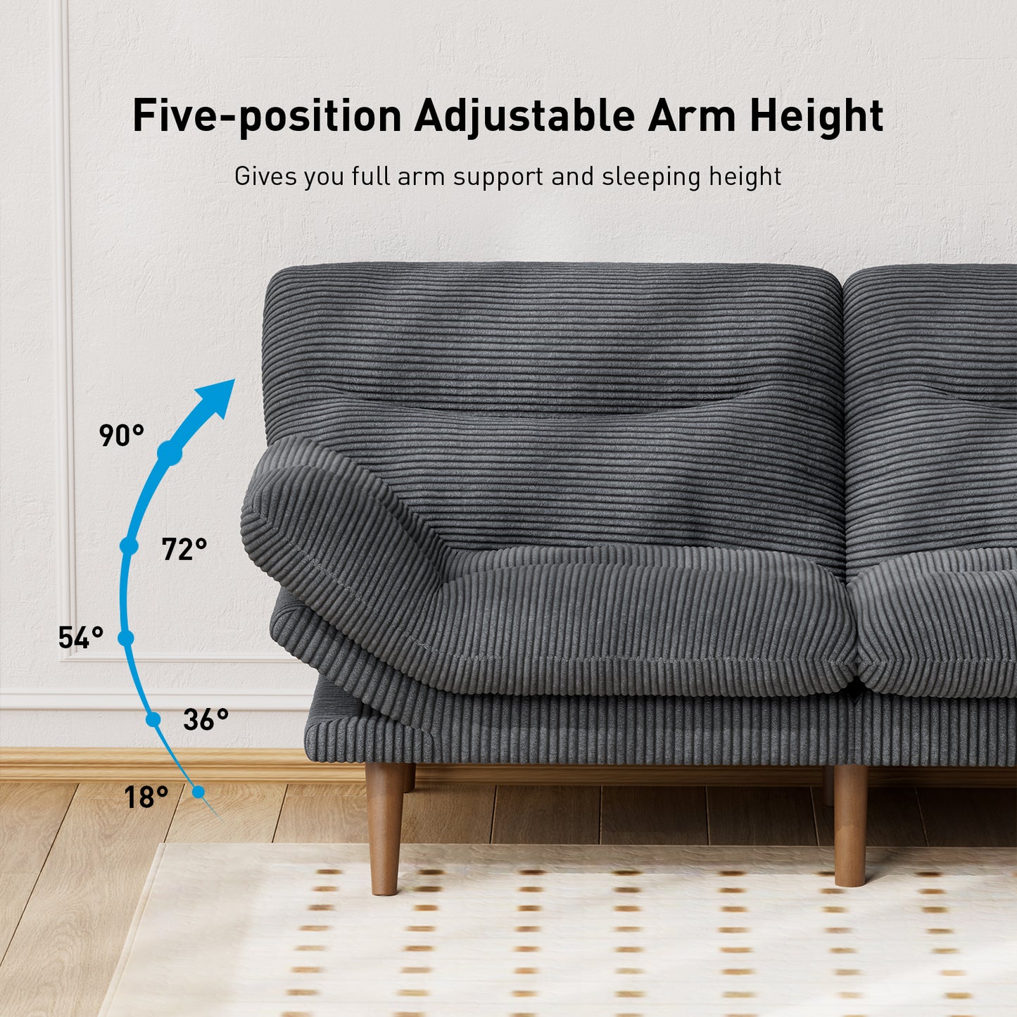 CHITOOMA 75" W Corduroy Futon Sofa Bed with Adjustable Backrest & Armrests, Comfy Convertible Futon Couch, Sleeper Sofa for Living Rooms Apartment Office, Gray