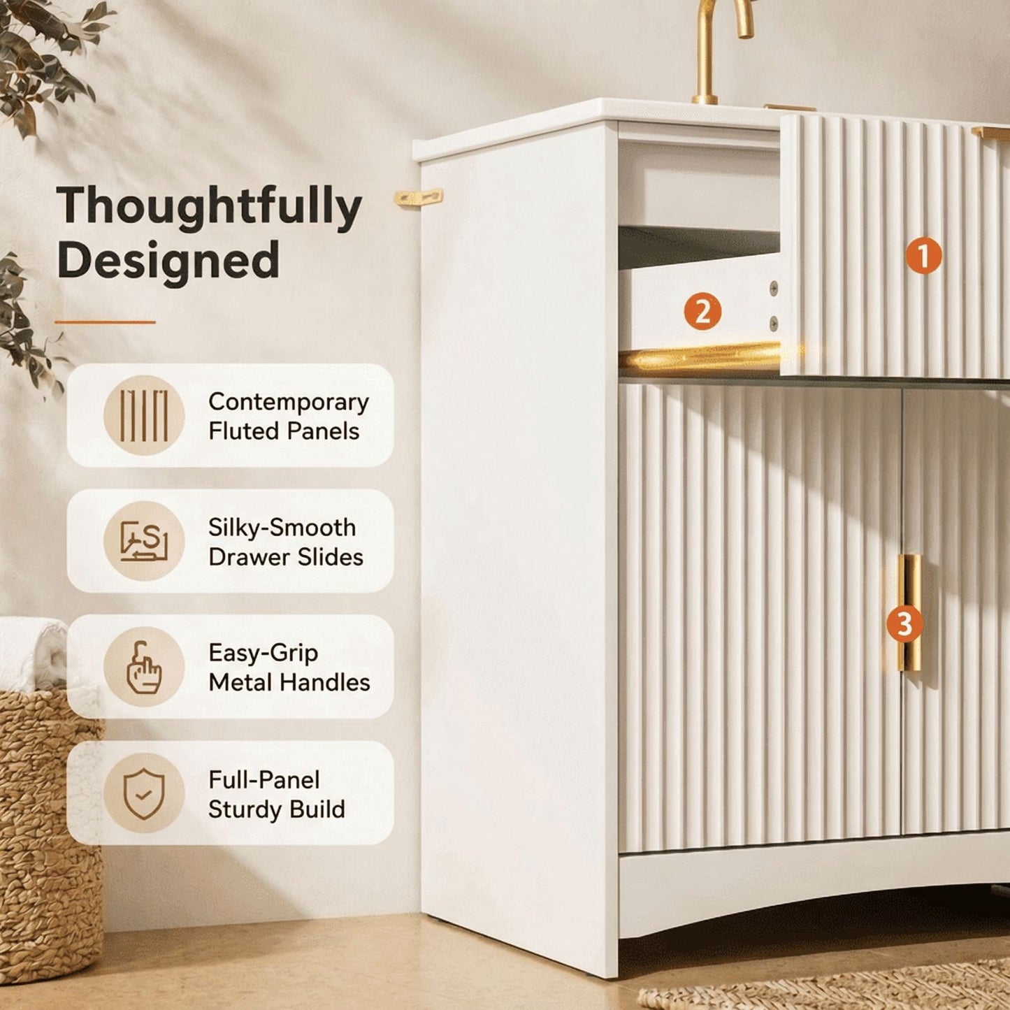 30 Inch Bathroom Vanity with Ceramic Sink, Freestanding Bathroom Sink Cabinet with Fluted Doors, 2 Doors and 1 Drawer, Adjustable Shelf, Modern Bathroom Storage Combo, White
