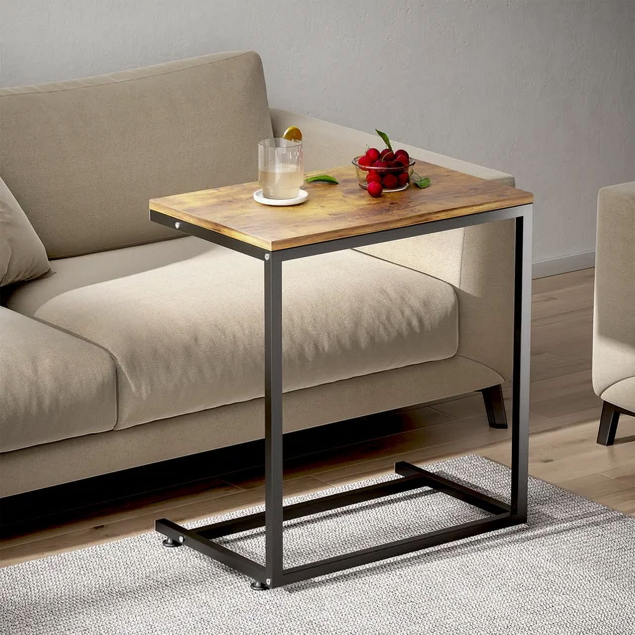 2 PCS C Shaped Sofa Side End Table，Side Table TV Tray Table for Sofa,Couch Table with metal frame for livingroom,Bedroom,Rustic Brown