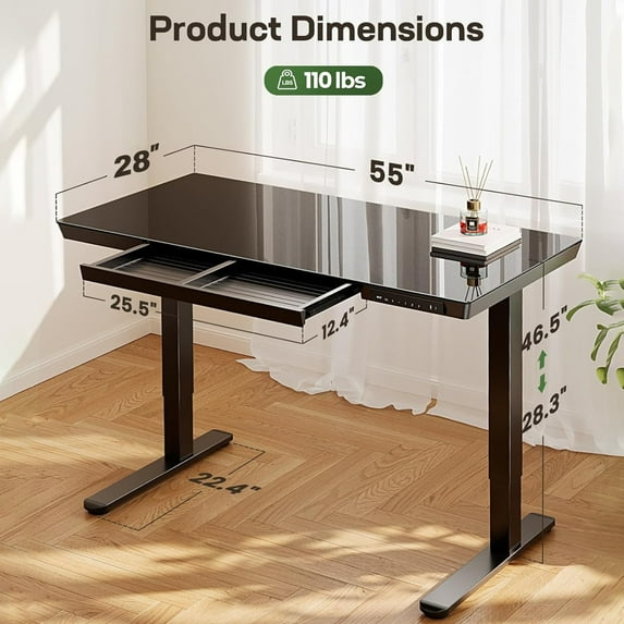 CHITOOMA 55" x 28" One Piece Black Glass Top Standing Desk with Drawer, Electric Height Adjustable Office Desk with USB Charging Ports, Sit to Stand Desk for Home