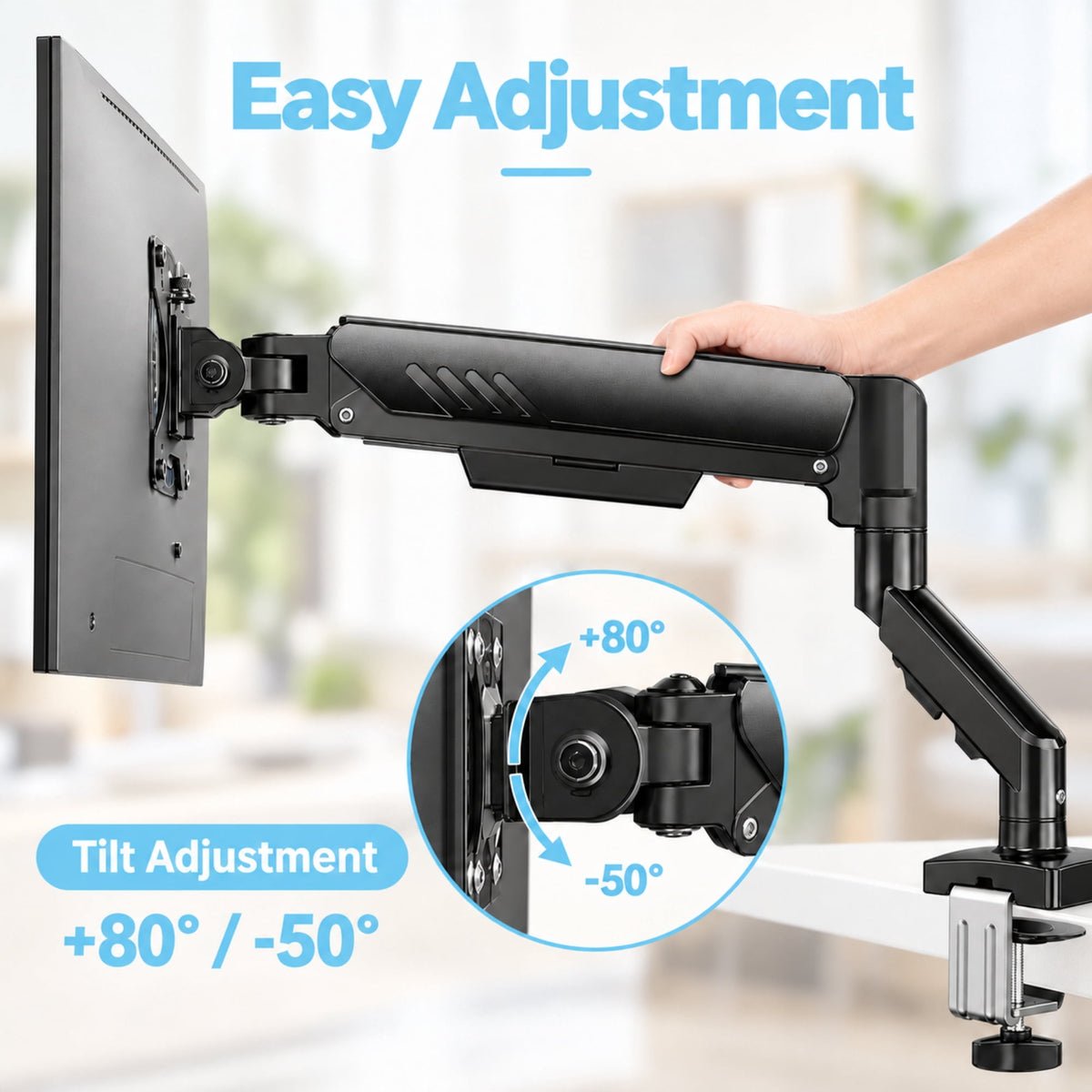 Kyspho Single Monitor Arm for 13" to 34 " Screens, Holds 19.8 lbs, Max 100x100mm, Monitor Stand with C-Clamp Tool-Free Mount, Cable Management, Adjustability for Swivel,Tilt and Rotation