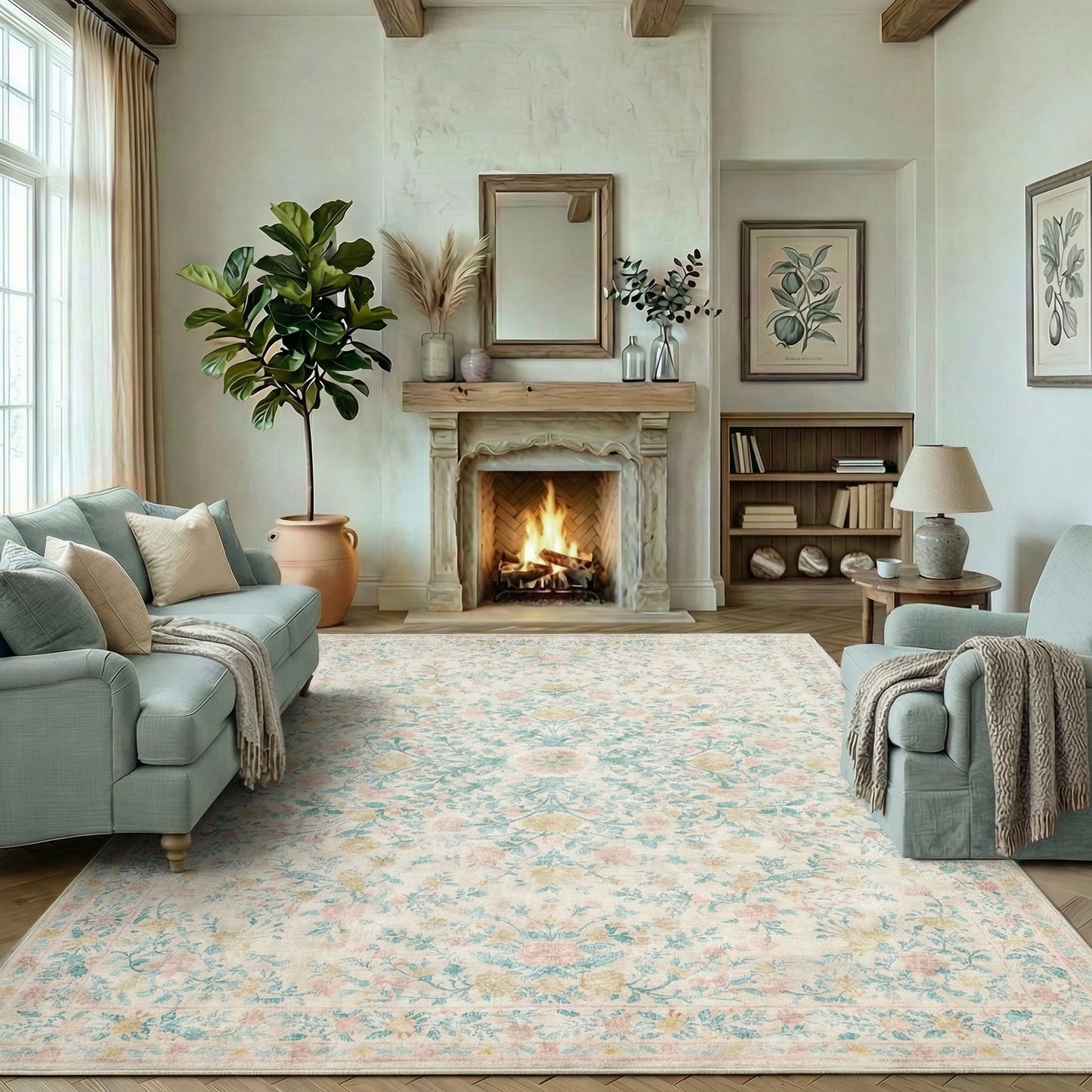 CHITOOMA 5'x7' Machine-washable Area Rugs for Living Room, Stain Resistant Non-Shed Carpet, Boho Floral Area Rugs with Non-Slip Backing for Bedroom, Dining Room, Dorm, Office