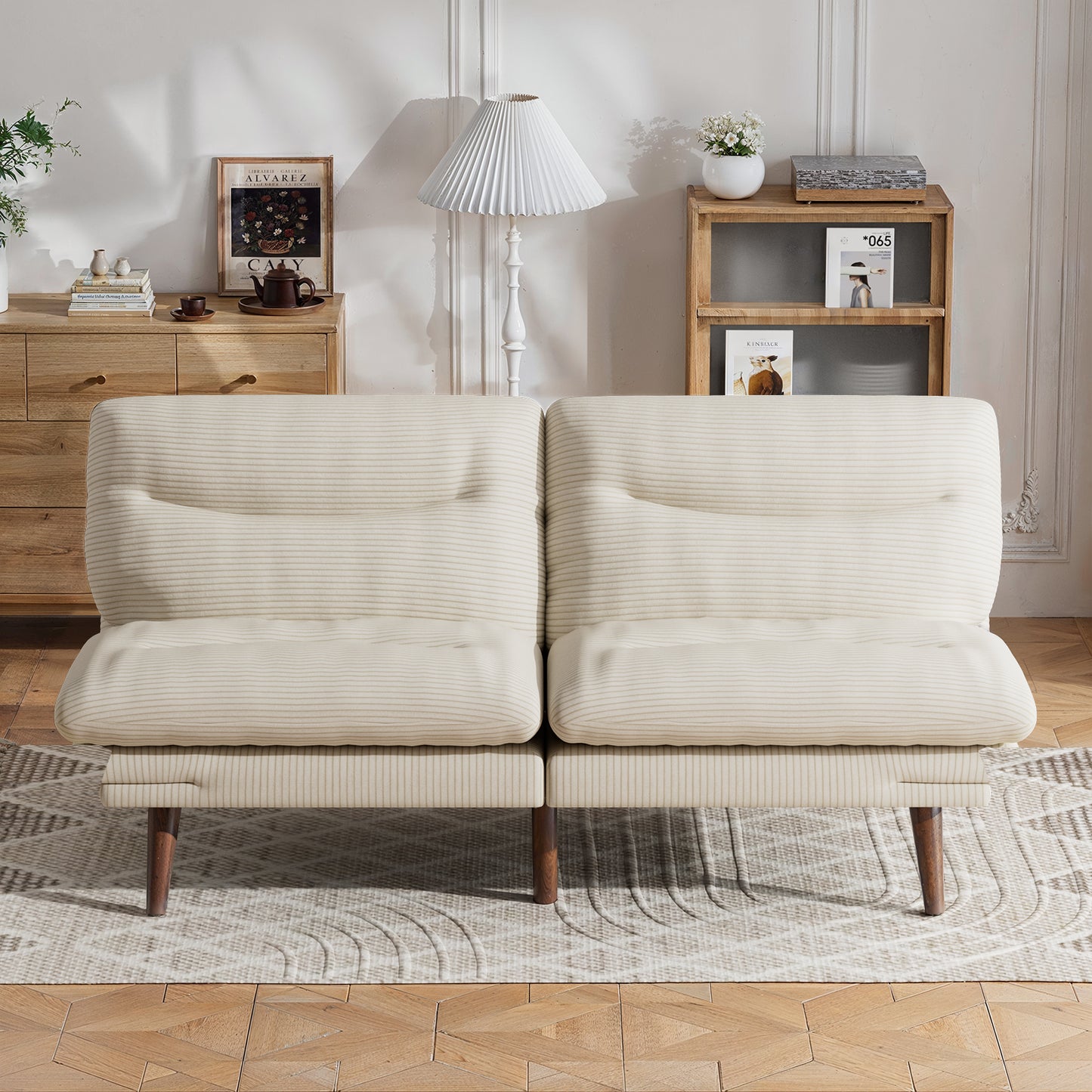 CHITOOMA 75" W Corduroy Futon Sofa Bed with Adjustable Backrest & Armrests, Comfy Convertible Futon Couch, Sleeper Sofa for Living Rooms Apartment Office, White
