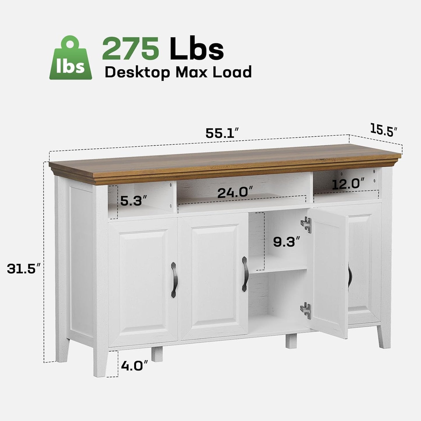 CHITOOMA 55" Sideboard Buffet Cabinet with Adjustable Shelves & 4 Doors, Modern Farmhouse Coffee Bar Cabinet for Kitchen Dinning Room, White & Brown