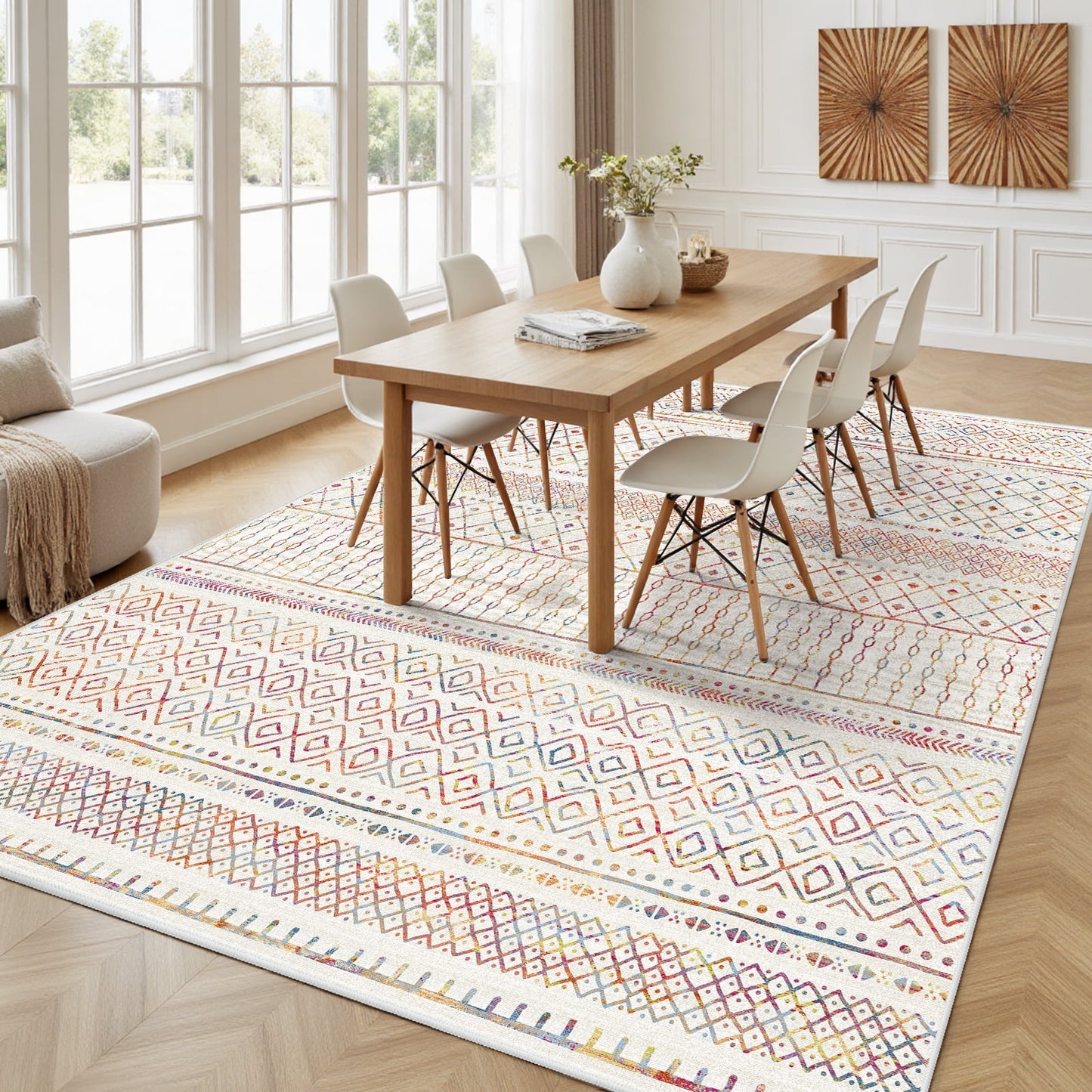 CHITOOMA 9'x12' Area Rugs for Living Room, Washable Rugs Boho Soft Geometric Bohemian Carpet Indoor Rug for Bedroom Dining Room Office Nonslip Foldable Rug