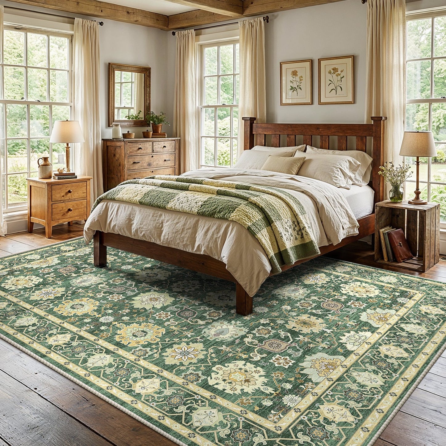 CHITOOMA 9'x12' Area Rugs for Living Room, Boho Machine Washable Stain Resistant Non-Shed Carpet, Floral Area Rug with Non-Slip Backing for Bedroom, Dining Room, Dorm, Office