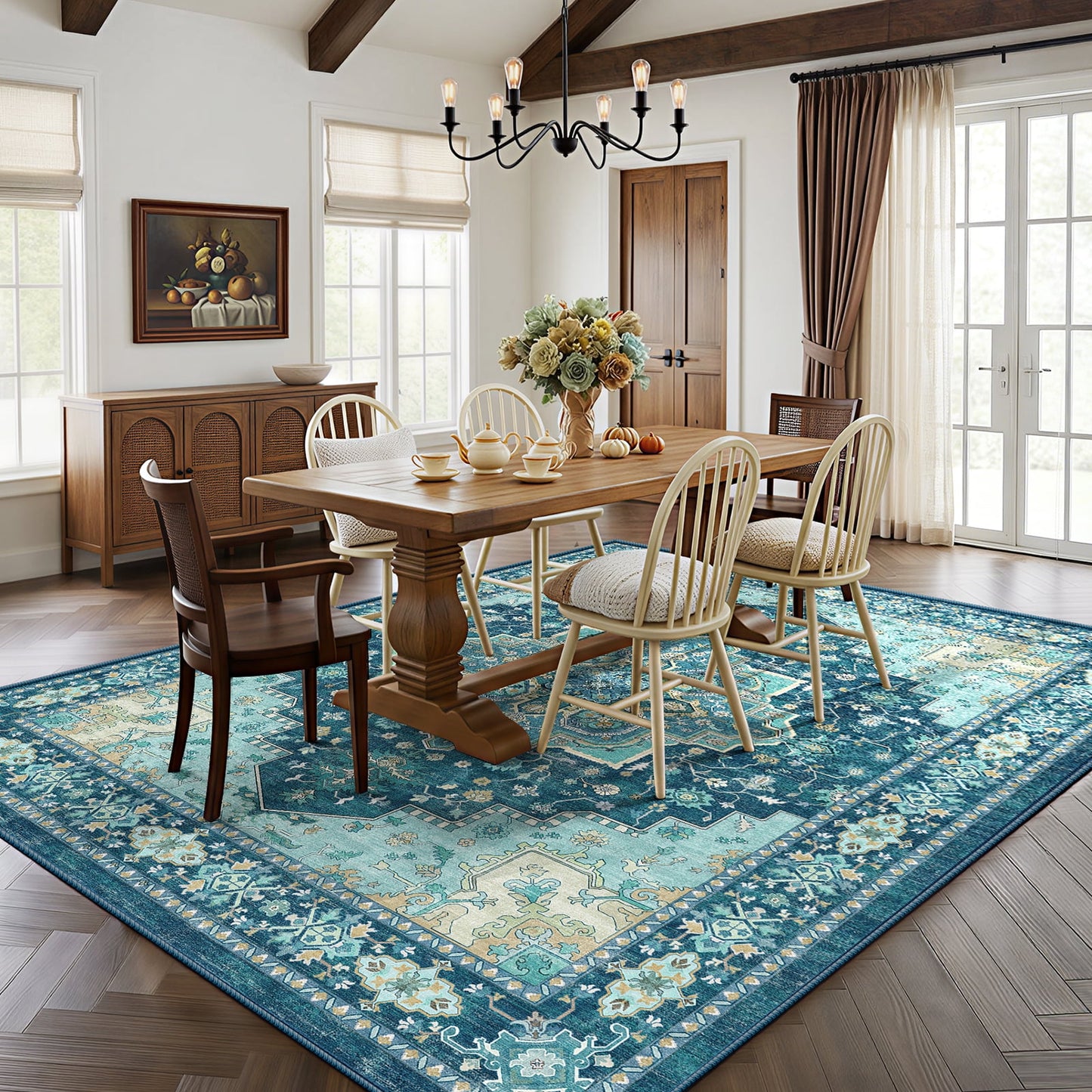CHITOOMA 5'x7' Boho Area Rugs for Living Room, Machine Washable Stain Resistant Non-Shed Carpet, Area Rug with Non-Slip Backing for Bedroom, Dining Room, Dorm, Office