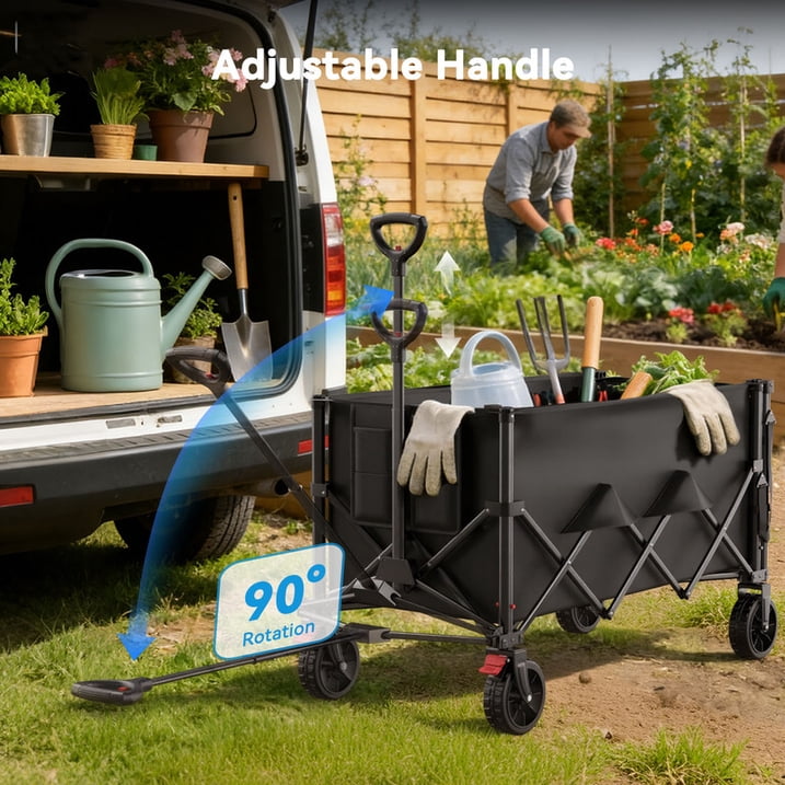 CHITOOMA Wagon Cart Foldable, 360LBS Expandable Utility Wagon for Outdoor & Home Use, 150L Collapsible Grocery Cart with Cup Holders