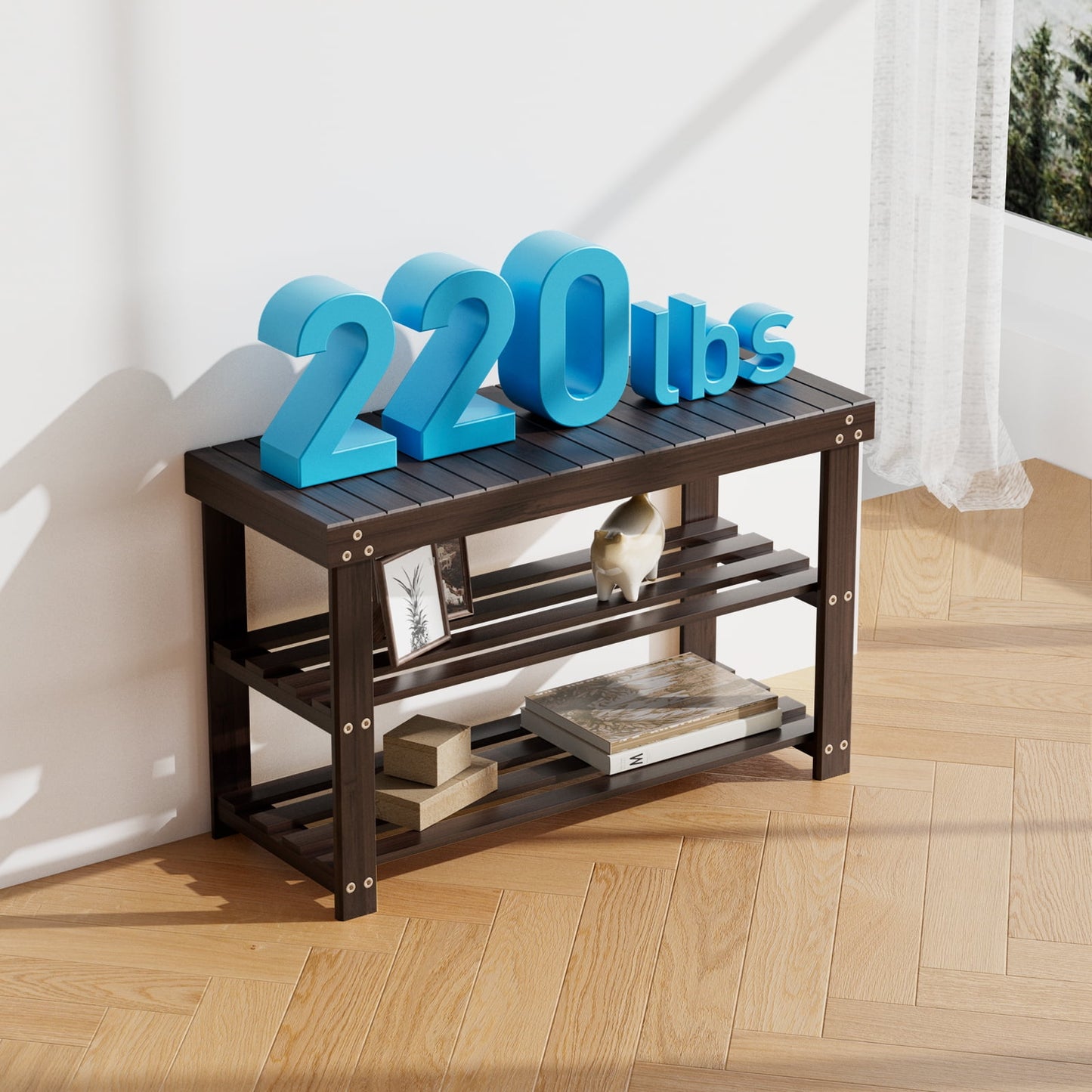 3-Tier Bamboo Shoe Storage Bench for Entryway, Wood Hallway Shoe Rack Shoe Organizer Shelf for Living Room, Bedroom, 11"D x 27.5"W x 17.5"H, Brown