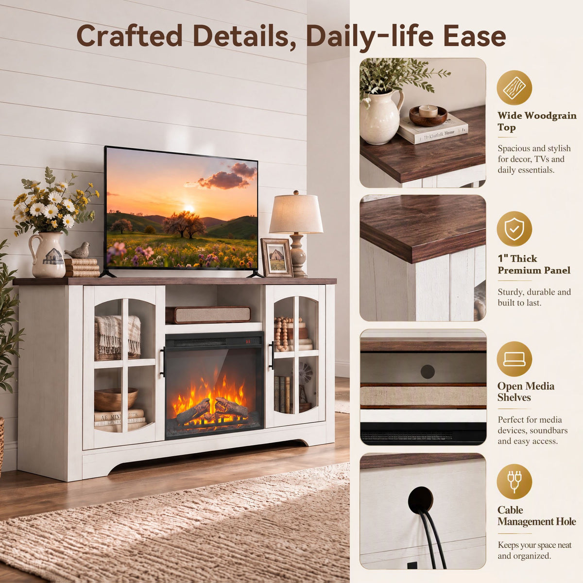 CHITOOMA Electric Fireplace TV Stand for 70" TVs with Glass Barn Doors, Farmhouse Entertainment Console with 23" Electric Fireplace, Holds up to 200 lbs, White