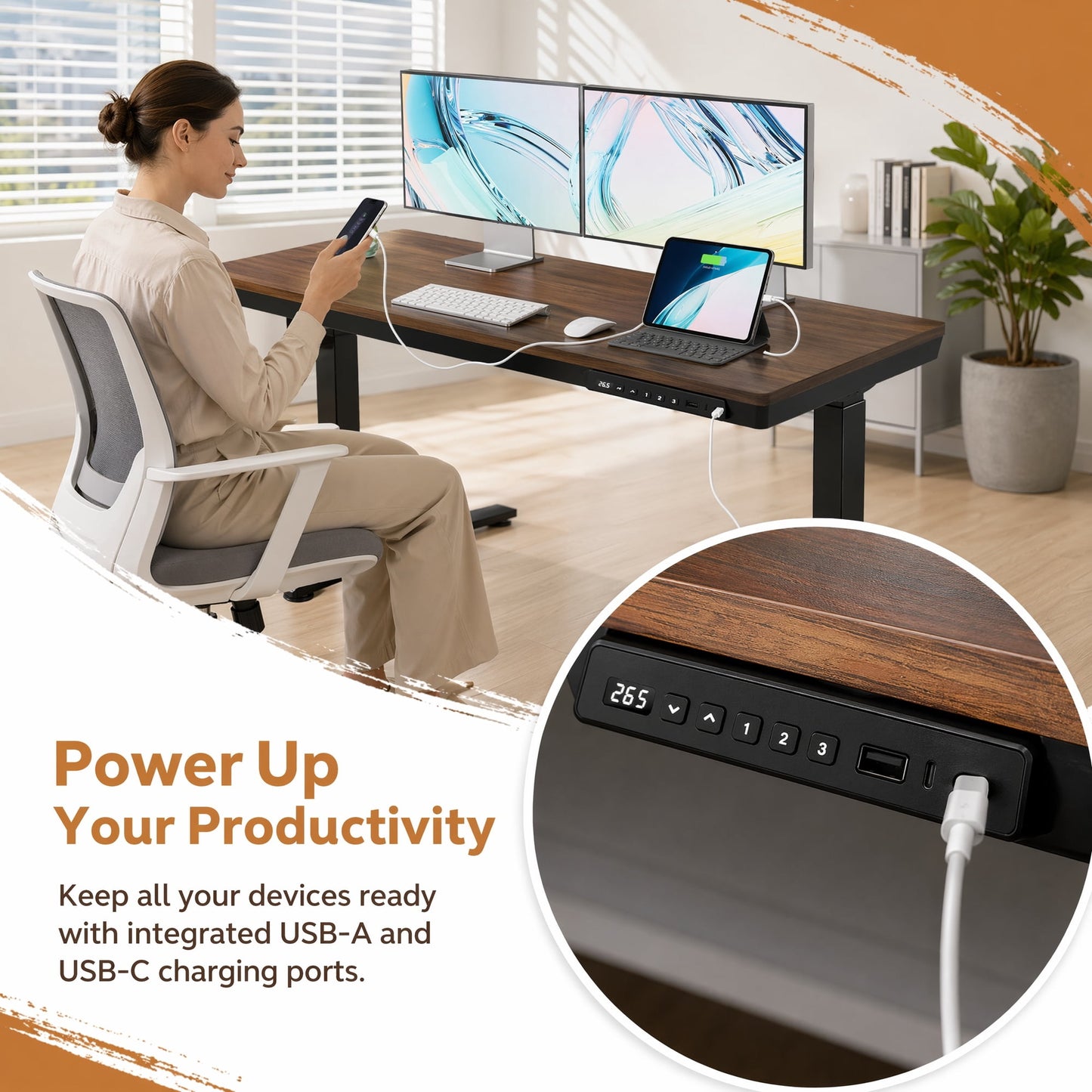 CHITOOMA Glass Top 40" x 24" Electric Standing Desk with Drawer, 40" x 24" Height Adjustable Sit Stand Desk for Home Office, Walnut
