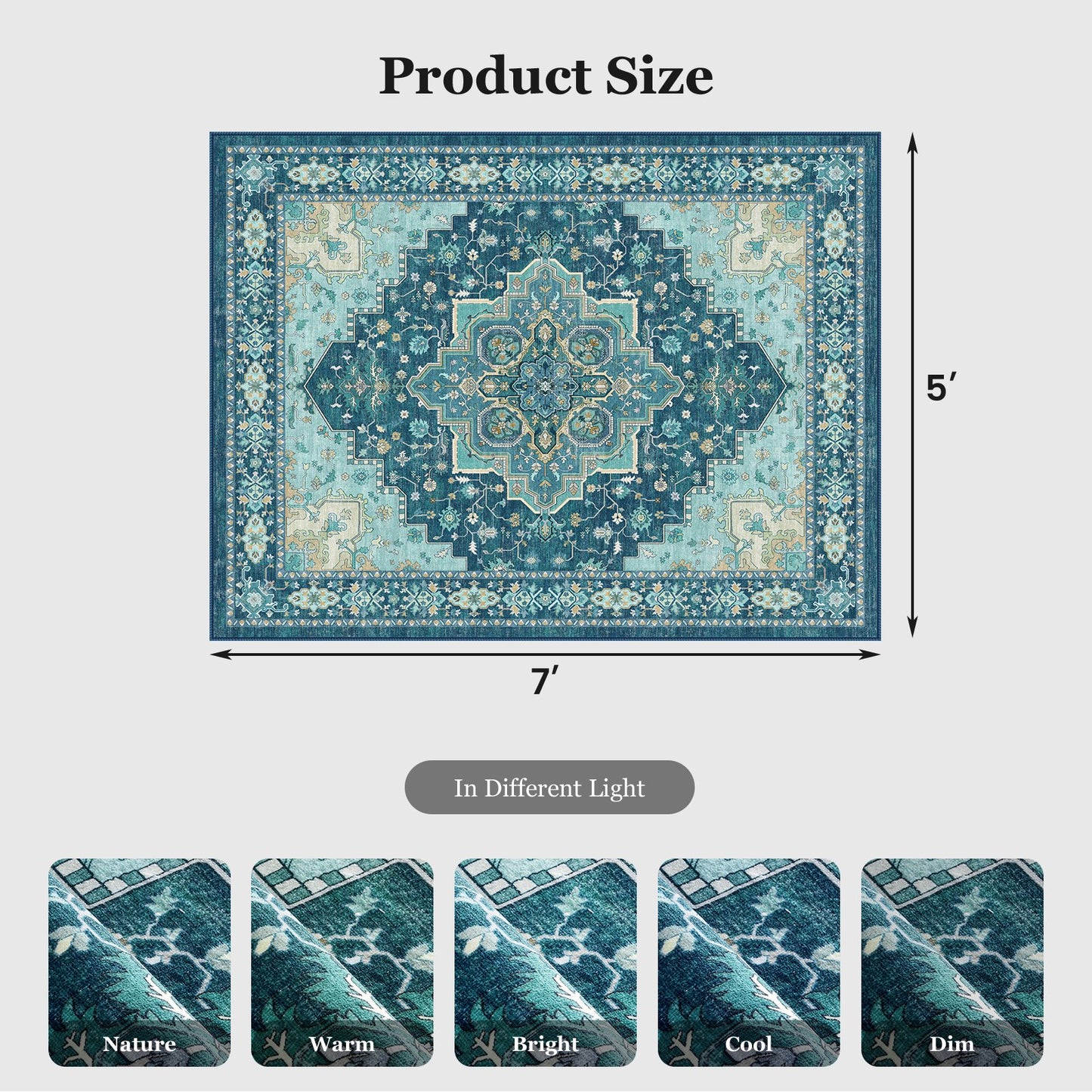 CHITOOMA 5'x7' Boho Area Rugs for Living Room, Machine Washable Stain Resistant Non-Shed Carpet, Area Rug with Non-Slip Backing for Bedroom, Dining Room, Dorm, Office