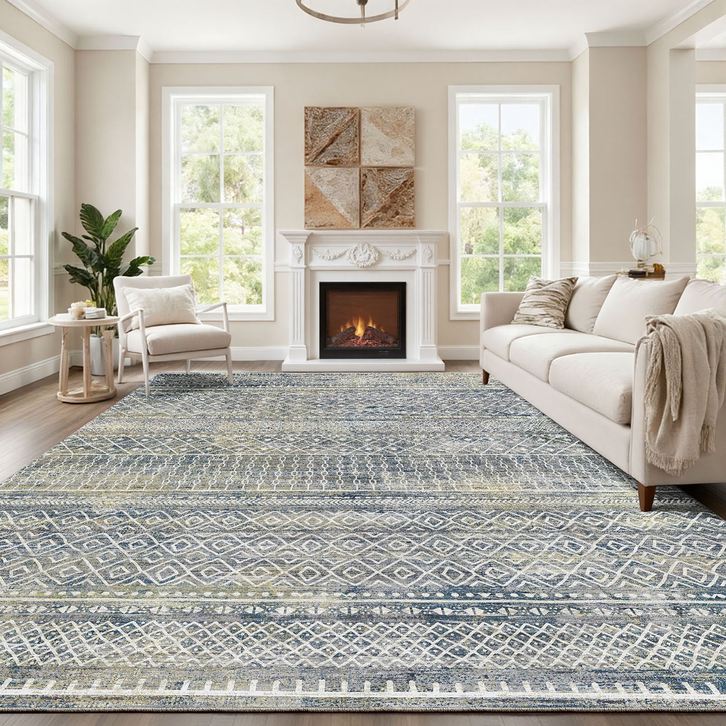CHITOOMA 8'x10' Area Rugs for Living Room, Washable Rugs Boho Soft Geometric Bohemian Carpet Indoor Rug for Bedroom Dining Room Office Nonslip Foldable Rug