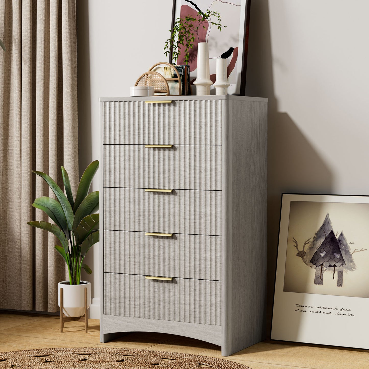 CHITOOMA Modern 5 Drawer Dresser for Bedroom, Fluted Wood Chest of Drawers with Gold Handles, Tall Storage Cabinet for Living Room, Gray