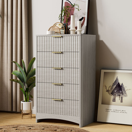 CHITOOMA Modern 5 Drawer Dresser for Bedroom, Fluted Wood Chest of Drawers with Gold Handles, Tall Storage Cabinet for Living Room, Gray