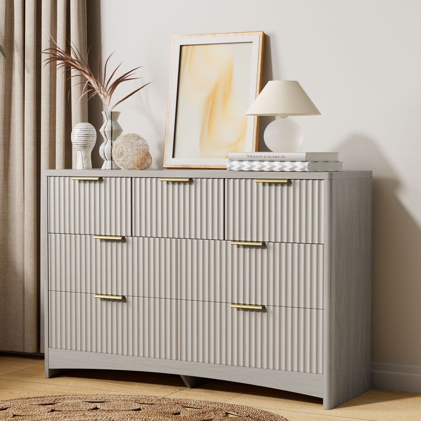 CHITOOMA Modern 7 Drawer Dresser, Wide Fluted Wood Storage Cabinet with Gold Handles, Chest of Drawers for Bedroom or Living Room, Gray