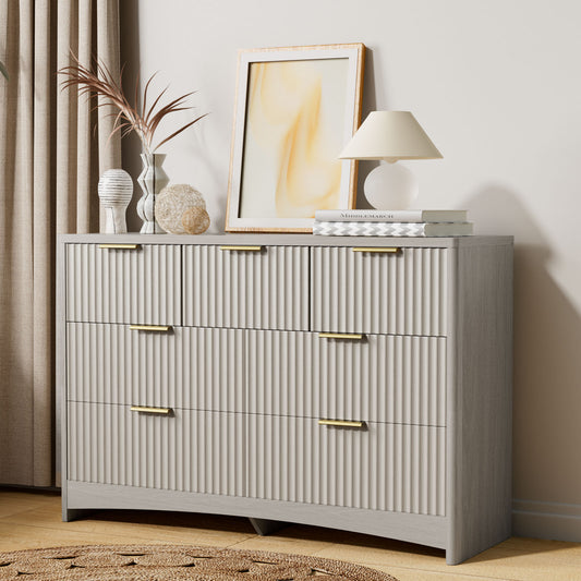 CHITOOMA Modern 7 Drawer Dresser, Wide Fluted Wood Storage Cabinet with Gold Handles, Chest of Drawers for Bedroom or Living Room, Gray