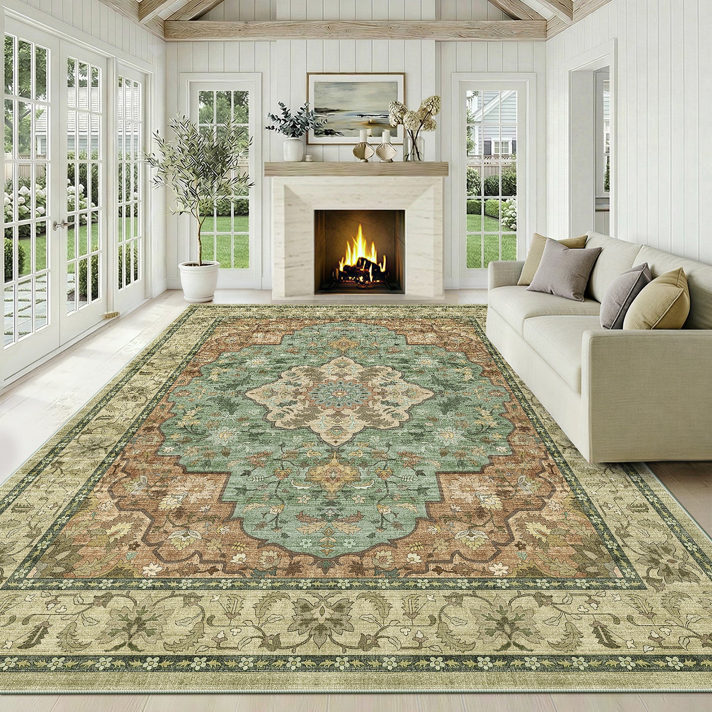 CHITOOMA 9'x12' Area Rugs for Living Room, Boho Machine Washable Stain Resistant Non-Shed Carpet, Floral Area Rug with Non-Slip Backing for Bedroom, Dining Room, Dorm, Office