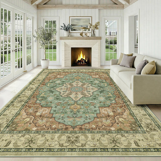 CHITOOMA 9'x12' Area Rugs for Living Room, Boho Machine Washable Stain Resistant Non-Shed Carpet, Floral Area Rug with Non-Slip Backing for Bedroom, Dining Room, Dorm, Office