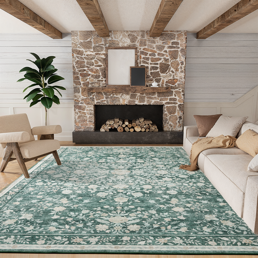 CHITOOMA 5'x7' Boho Area Rugs for Living Room, Machine Washable Stain Resistant Non-Shed Carpet, Floral Area Rug with Non-Slip Backing for Bedroom, Dining Room, Dorm, Office
