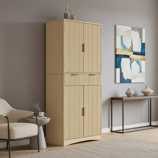 CHITOOMA Fluted Pantry Cabinet, 72″Tall Modern Storage Cabinet with Adjustable Shelves, 4 Doors and Drawer, Anti-Tip Design for for Kitchen, Dining Room,Living Room and Bathroom, Natural Oak