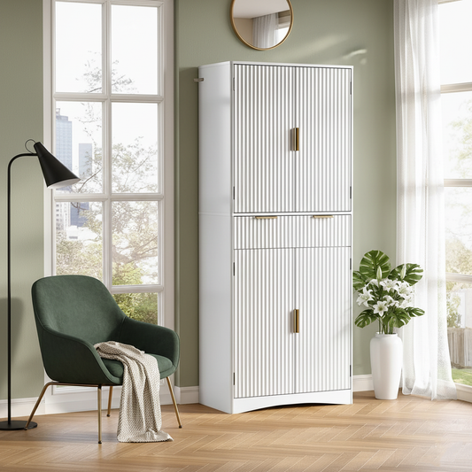 CHITOOMA Fluted Pantry Cabinet, 72″Tall Modern Storage Cabinet with Adjustable Shelves, 4 Doors and Drawer, Anti-Tip Design for for Kitchen, Dining Room, Living Room and Bathroom, White