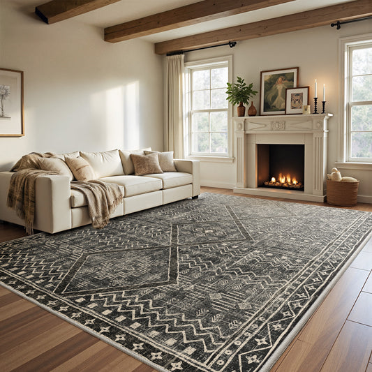CHITOOMA 9'x12' Area Rugs for Living Room, Washable Boho Moroccan Rug Soft Vintage Distressed Geometric Tribal Area Rug for Bedroom Dining Room Office with Non-Slip Backing, Stain Resistant Non-Shed