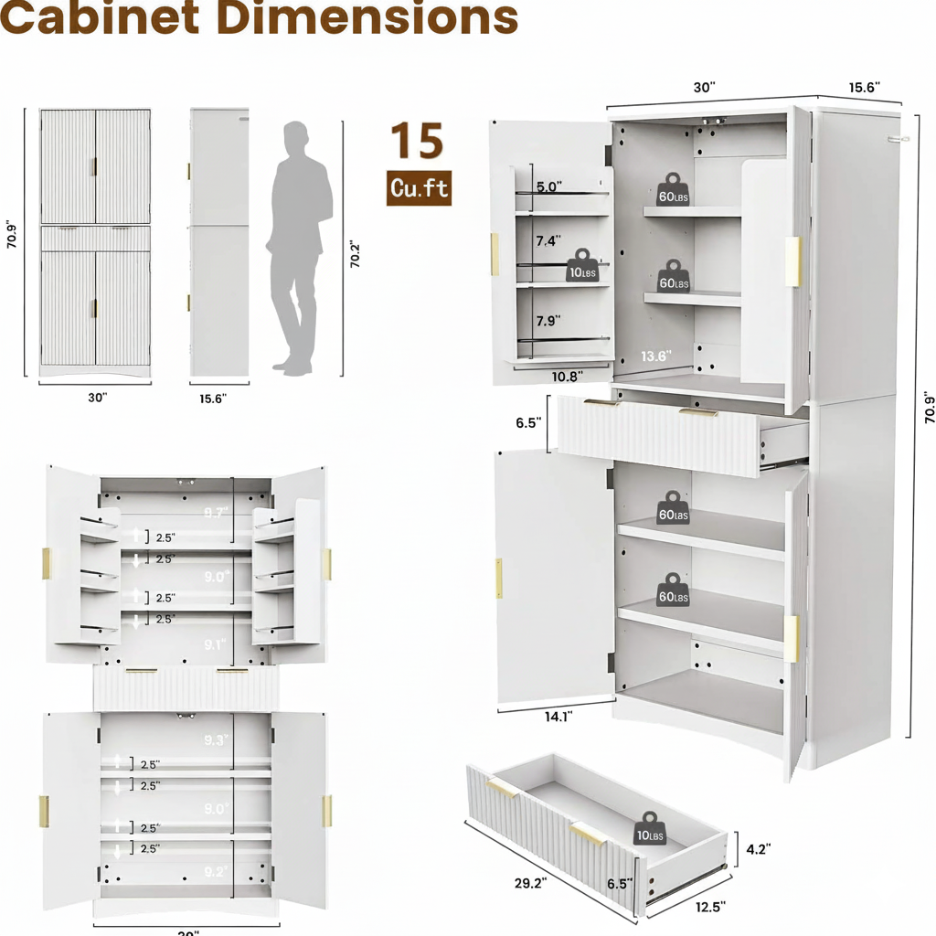 CHITOOMA Fluted Pantry Cabinet, 72″Tall Modern Storage Cabinet with Adjustable Shelves, 4 Doors and Drawer, Anti-Tip Design for for Kitchen, Dining Room, Living Room and Bathroom, White