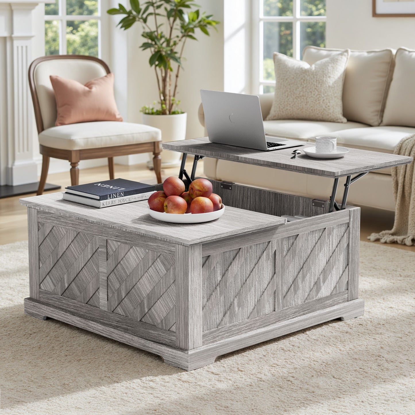 Lift Top Coffee Table, 35"x35" Wood Square Dining Center Table with Storage and Large Hidden Space for Living Room, Wash Gray