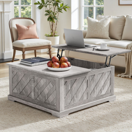 Lift Top Coffee Table, 35"x35" Wood Square Dining Center Table with Storage and Large Hidden Space for Living Room, Wash Gray