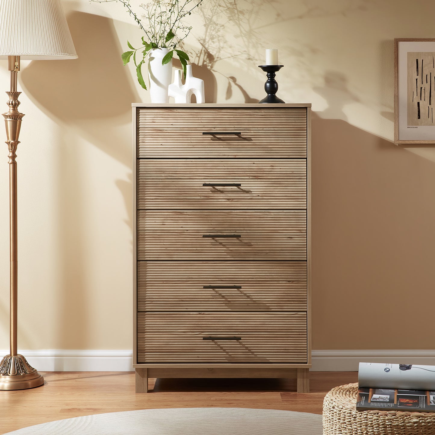CHITOOMA Fluted Dresser for Bedroom, Modern Wooden 5 Drawer Tall Dresser, Chest of Drawers, Storage Cabine Living Room Hallway, Natural