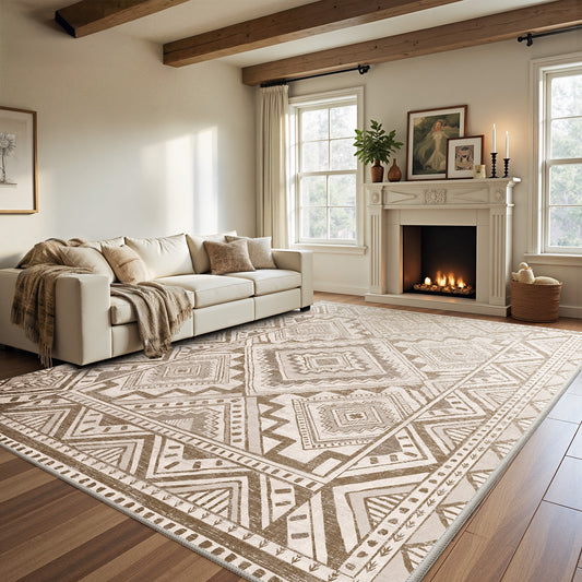 CHITOOMA 8'x10' Area Rugs for Living Room, Washable Boho Moroccan Rug Soft Vintage Distressed Geometric Tribal Area Rug for Bedroom Dining Room Office with Non-Slip Backing, Stain Resistant Non-Shed