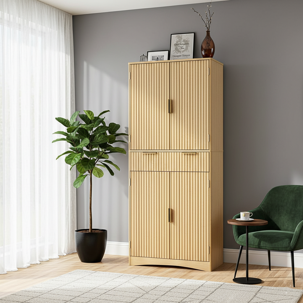 CHITOOMA Fluted Pantry Cabinet, 72″Tall Modern Storage Cabinet with Adjustable Shelves, 4 Doors and Drawer, Anti-Tip Design for for Kitchen, Dining Room,Living Room and Bathroom, Natural Oak