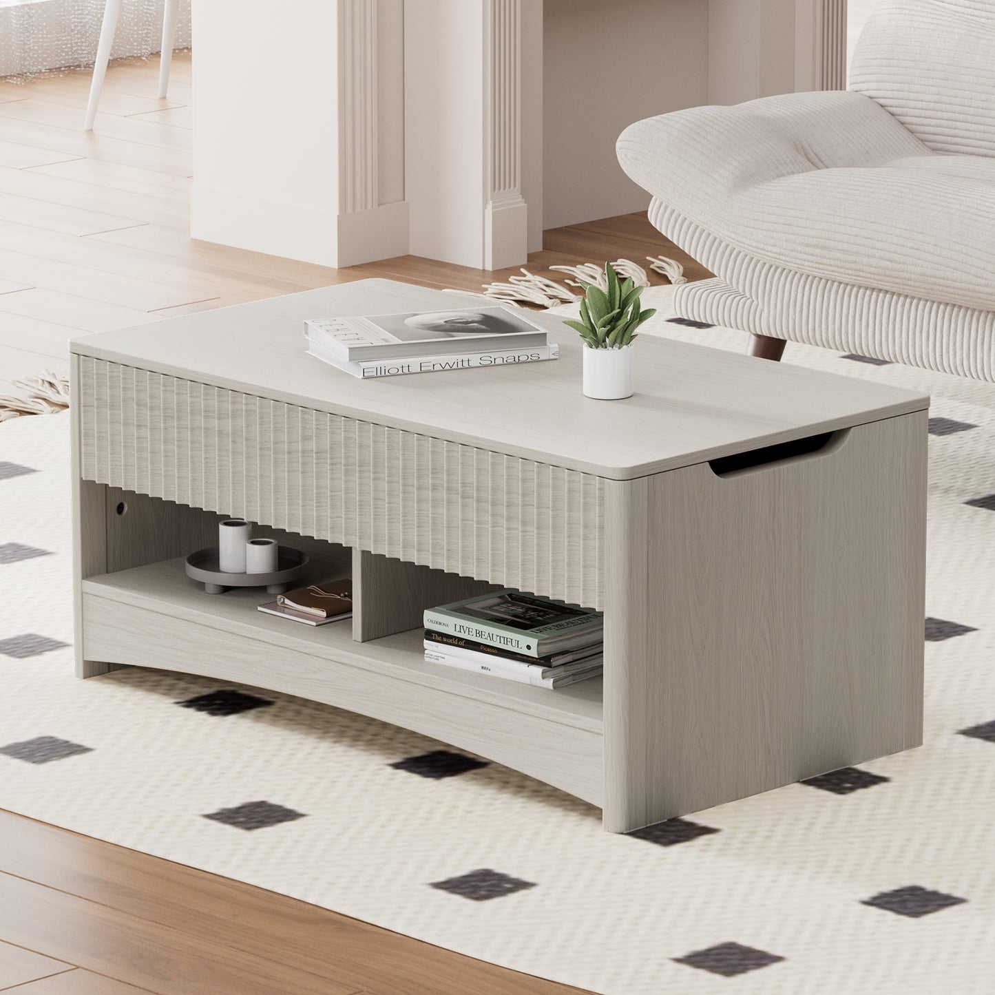 CHITOOMA Modern Lift-Top Coffee Table with Hidden Storage & Open Shelves, Fluted Front Accent Table for Living Room, Gray