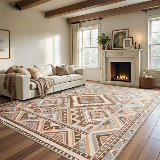 CHITOOMA 9'x12' Area Rugs for Living Room, Washable Boho Moroccan Rug Soft Vintage Distressed Geometric Tribal Area Rug for Bedroom Dining Room Office with Non-Slip Backing, Stain Resistant Non-Shed