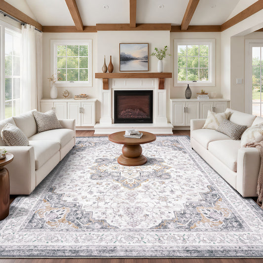 CHITOOMA 9'x12' Area Rugs for Living Room, Washable Rugs Vintage Soft Living Room Rug for Bedroom Dining Room Dorm Office with Non-Slip Backing, Stain Resistant Non-Shed Carpet