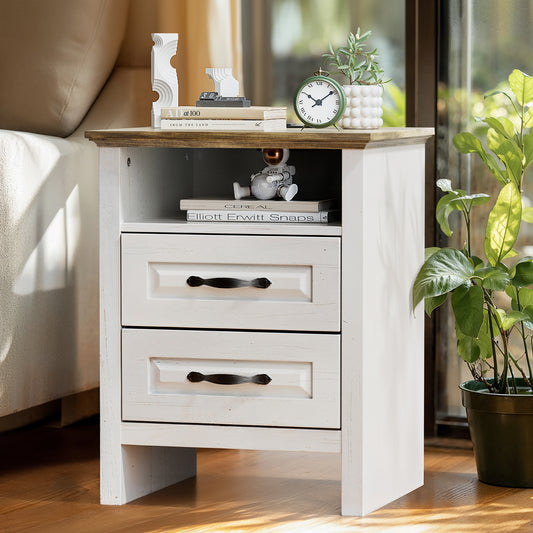 CHITOOMA 2-Drawer Nightstand with Charging Station, Wood Bedside Table with Open Shelf, Small End Table for Bedroom Living Room, White & Brown